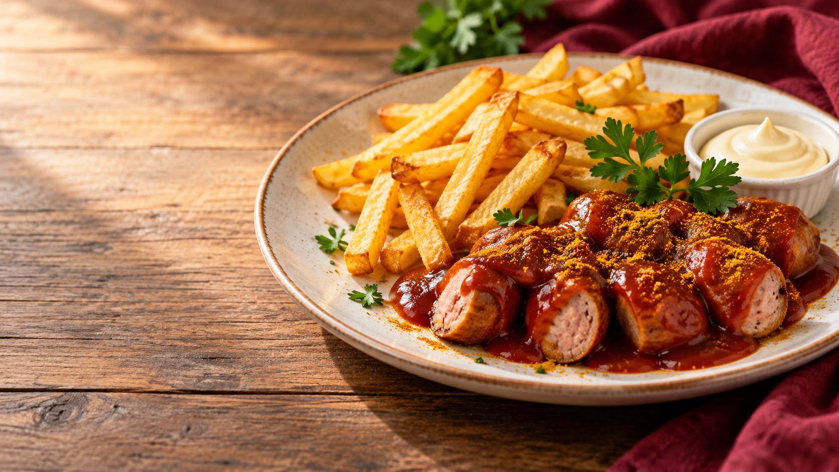 Currywurst mit Pommes frites, frisch serviert